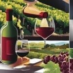 1. A wine bottle with a label that has all nine wine terms listed on it. 2. A close-up of a wine glass being poured with a background of vineyards to represent "terroir". 3. An illustration of a sommelier holding a corkscrew, representing "uncorking". 4. A visual representation of "tannins" with an image of grape skins or tea leaves. 5. A group of friends at a party, holding glasses and discussing the "body" of the wine. 6. A depiction of "aroma" with a nose sniffing a glass of wine. 7. A visual representation of "vintage" with an old wine cellar or dusty wine bottles. 8. A vineyard scene representing "appellation". 9. An image of the winemaking process, showcasing "fermentation".