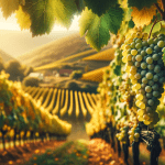 Cinematic image of a Riesling vineyard during early autumn