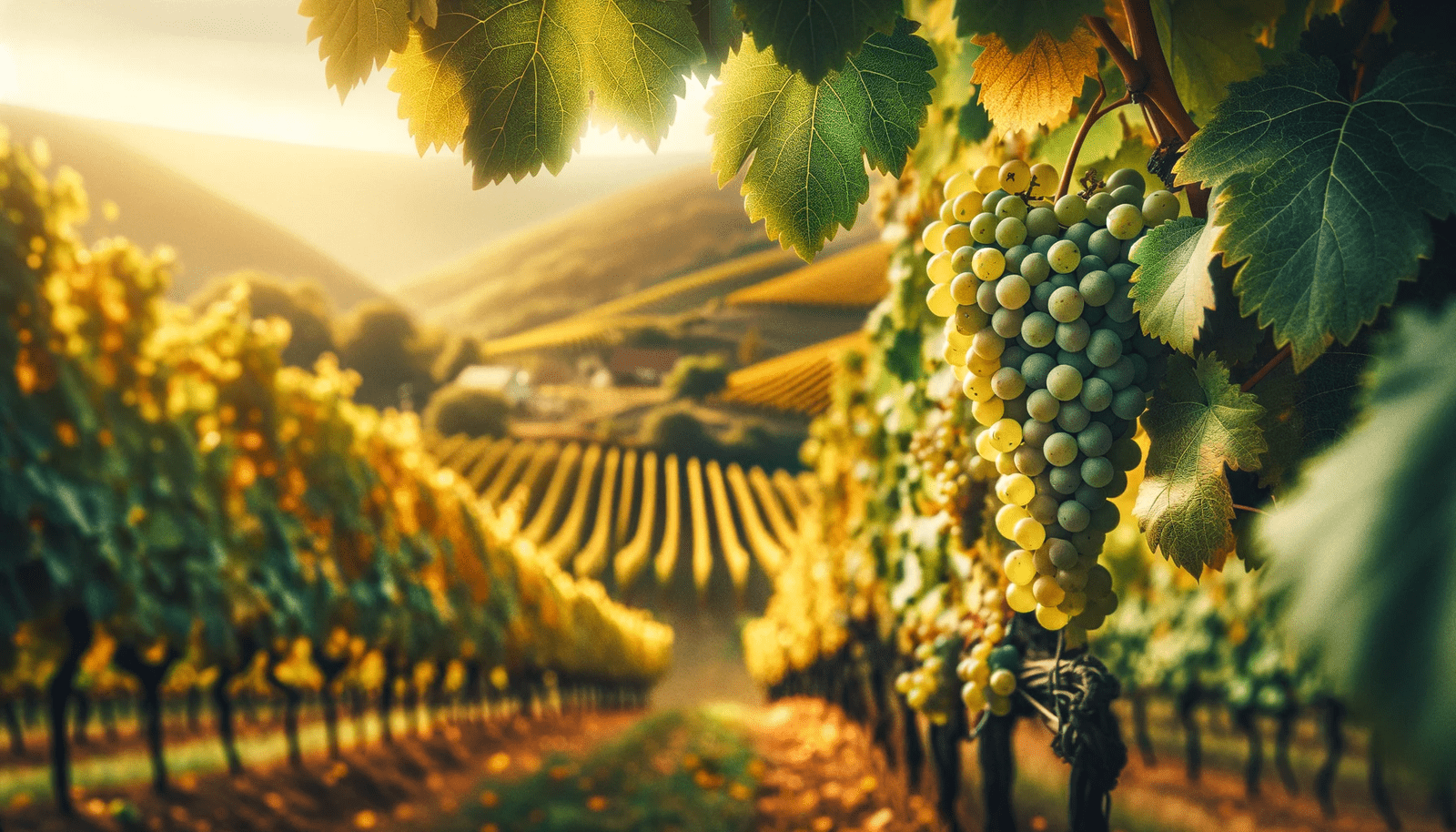 Cinematic image of a Riesling vineyard during early autumn