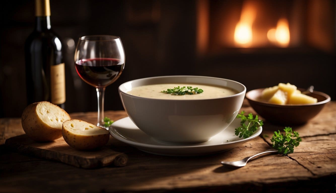 A bowl of creamy potato soup sits next to a bottle of red wine on a rustic wooden table. A cozy atmosphere with soft lighting and a hint of steam rising from the soup