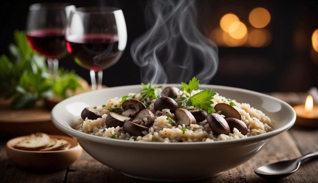a bowl of rice with mushrooms and parsley