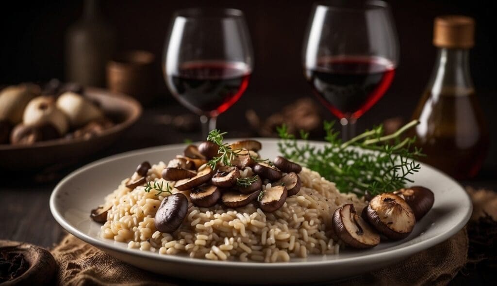 a plate of rice and mushrooms with wine glasses