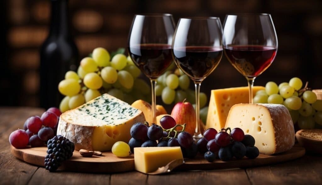 A wooden board with assorted cheeses, including blue cheese and Swiss, is surrounded by grapes, apple slices, and blackberries. This elegant setup is perfect for wine appreciation, featuring three glasses of red wine and a bottle in the background to complete the tasting experience.