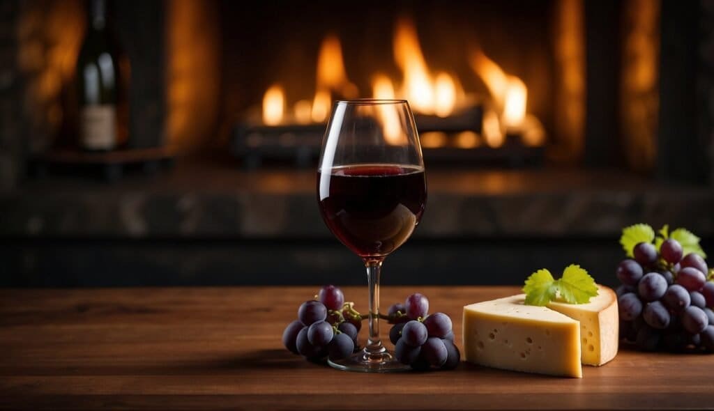 A glass of rich port wine sits on a wooden table in front of a lit fireplace. Beside the glass are slices of cheese and clusters of grapes, perfect for enthusiasts seeking a cozy evening. A wine bottle is slightly visible in the background.