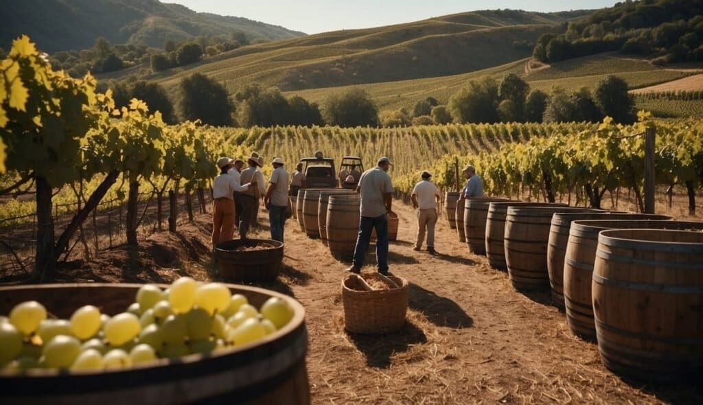 Workers are diligently harvesting grapes in a hilly vineyard, likely capturing the attention of wine enthusiasts. In the foreground, large wooden barrels and baskets overflow with juicy grapes, hinting at future Port Wine. A tractor is visible among the rows, aiding this fruitful endeavor.