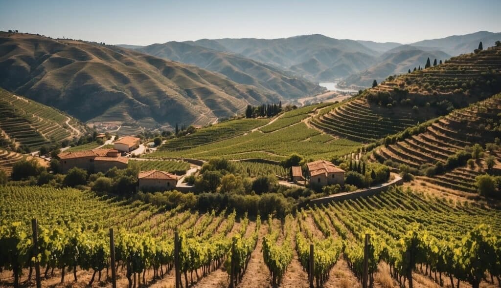 Vineyard landscape with rows of grapevines on terraced hills, perfect for port wine enthusiasts. A few buildings with red roofs are scattered among the greenery. In the distance, a river winds through the valleys, set against rolling hills under a clear sky.