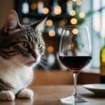 A tabby cat sits on a wooden table next to a glass of red wine. In the background, there's a bottle of wine and bokeh lights near a window, crafting the best excuse to open a bottle of wine and enjoy this cozy atmosphere.