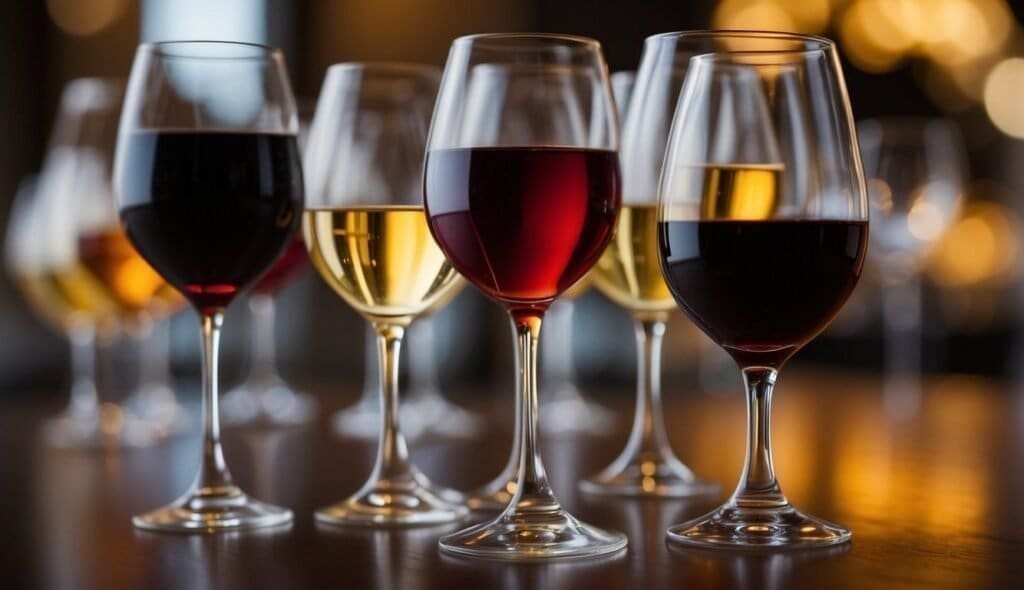 A variety of wine glasses filled with different types of wine, including red, white, and rosé—with their unique levels of residual sugar—are arranged in a row on a wooden surface. The background is softly blurred with warm, glowing lights.