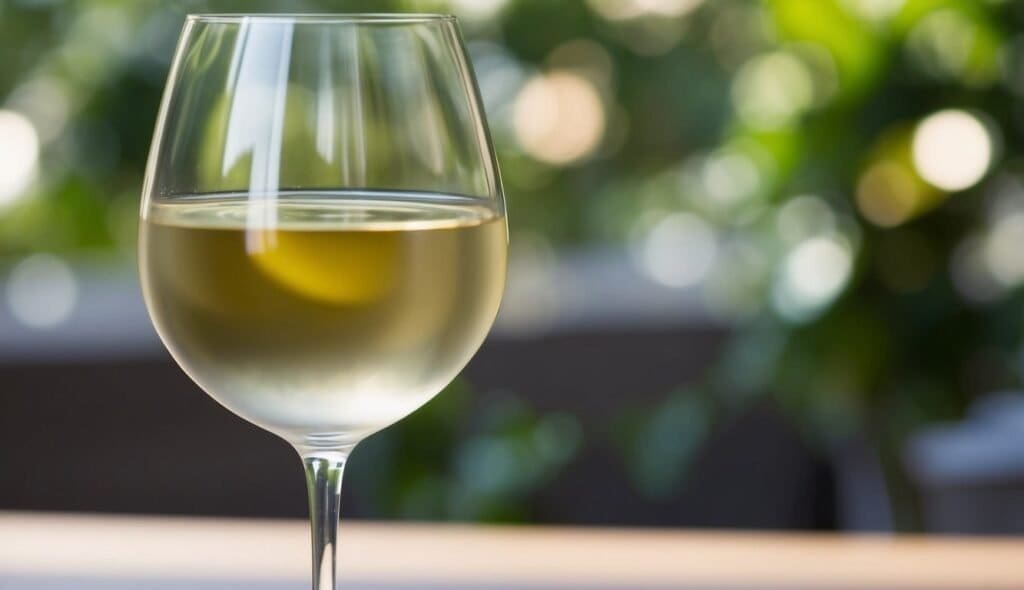 A glass of off-dry white wine with a blurred green background suggests an outdoor setting. The wine appears clear and light-colored, offering a tranquil scene while inviting you to explore the subtle sweet levels it embodies.